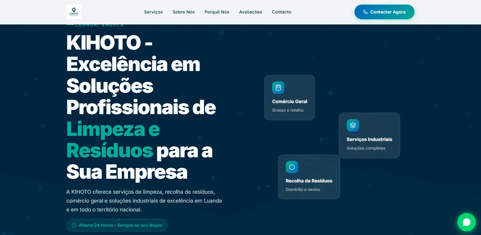 Site institucional Kihoto, empresa de limpeza e gestão de resíduos em Luanda